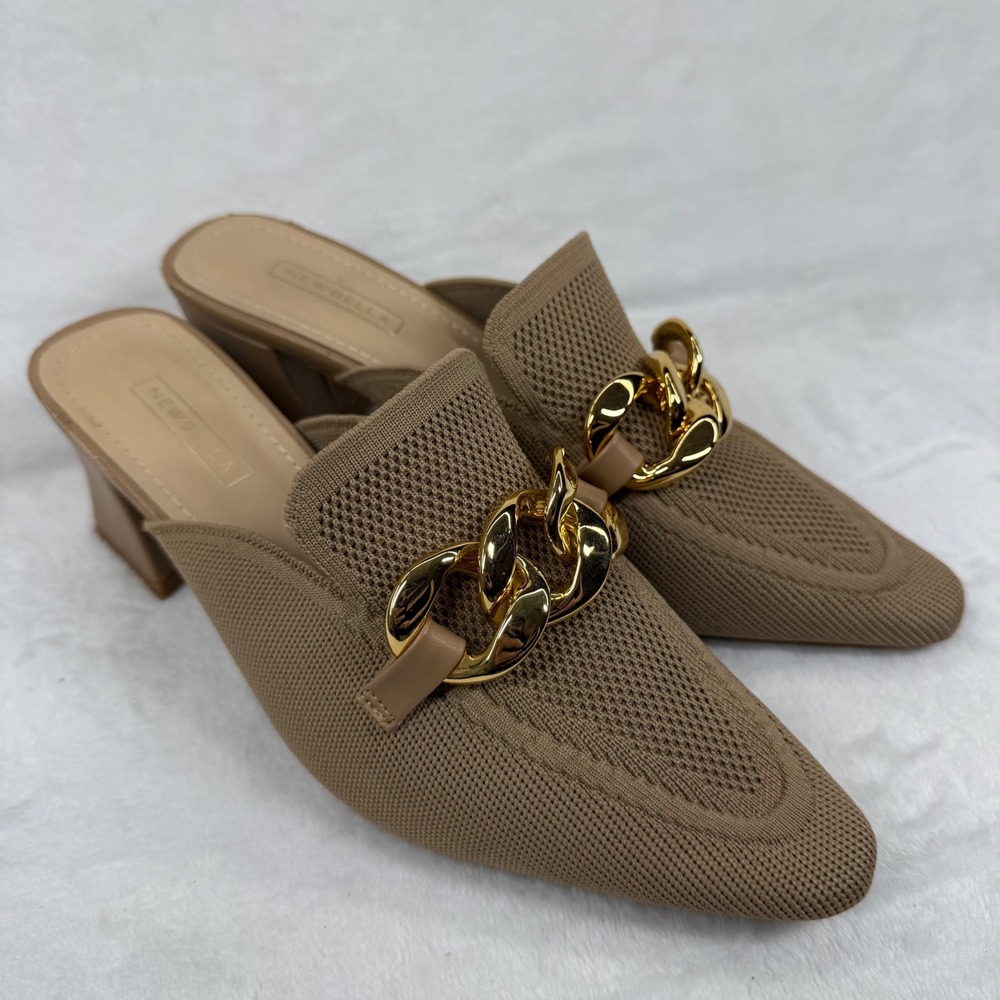 Newbella Knit Pointed Toe Mules Tan Gold Chunky Chain Block Heel‎ Slides 7.5